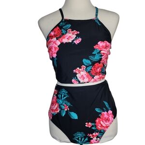 UNIQUE & CLASSIC 2 PC Bikini Set High Waisted Swimsuit Size 3XL Black Floral NWT